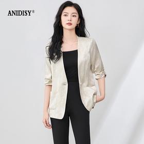 时尚提花人丝抽褶五分袖V领蕾丝西装外套