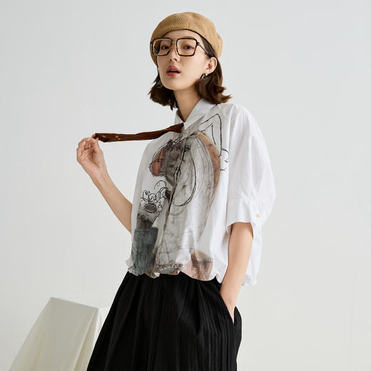 谜底衬衫分袖女2025夏季新品复古风通勤大廓形T型短衬衣252MC0530 商品图1