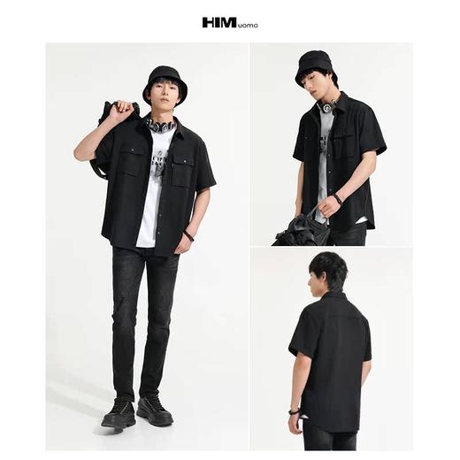 HIM漢崇  经典方领黑色短袖衬衫男士休闲斯文工装款衬衣 2026夏季 商品图3