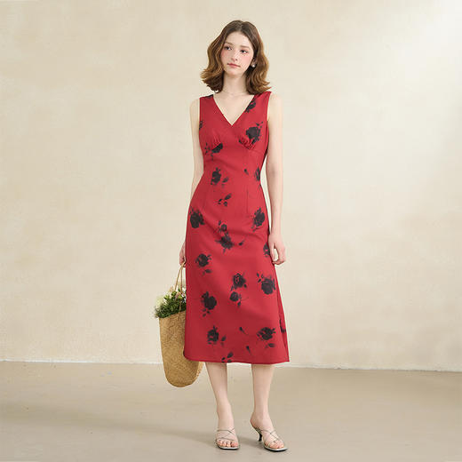 【娇艳玫瑰】复古优雅V领无袖连衣裙女夏季收腰伞摆长裙D0051040 商品图1