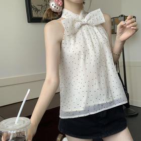 西遇波点挂脖衬衫女夏季新款法式蝴蝶结薄款无袖衬衣上衣SS050617