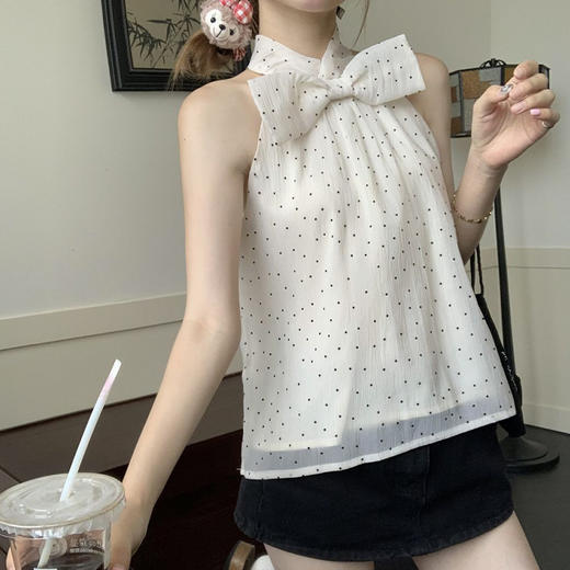 西遇波点挂脖衬衫女夏季新款法式蝴蝶结薄款无袖衬衣上衣SS050617 商品图0