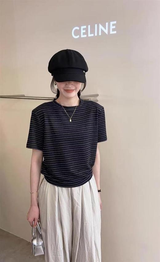 七夕福利-NO退 设计师品牌-55113银丝侧腰抽绳褶皱条纹修身显瘦短袖T恤-喜出 商品图1