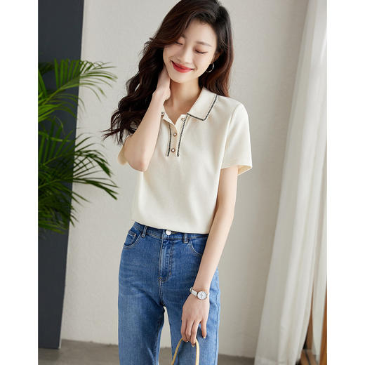 【专属特价】熙世界文艺风肌理感T恤休闲织带POLO衫2025年夏季款短袖上衣女t 商品图3