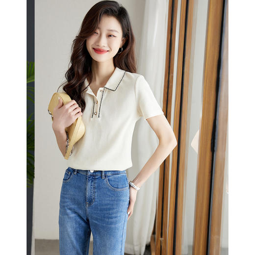 【专属特价】熙世界文艺风肌理感T恤休闲织带POLO衫2025年夏季款短袖上衣女t 商品图2