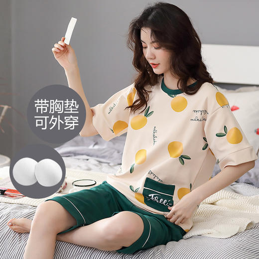 自然醒清梦家居服（带胸垫）睡衣女夏100纯棉短袖薄款七分裤可外穿家居服套装QH 商品图6