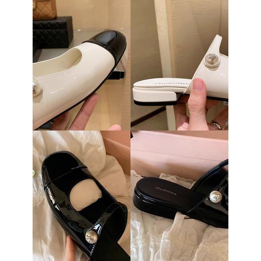 法式方圆头珍珠一字带包头半拖女百搭拼接浅口玛丽珍半托 商品图5