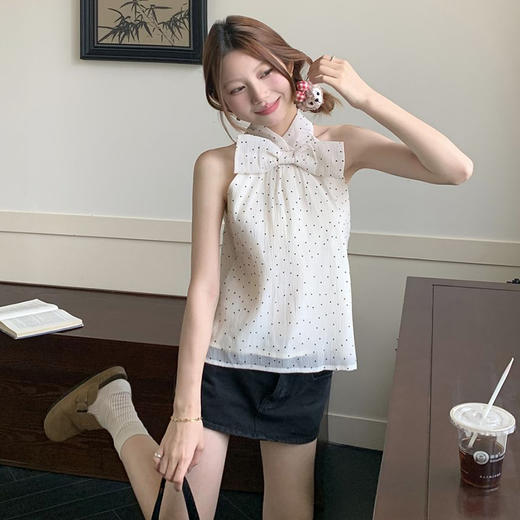 西遇波点挂脖衬衫女夏季新款法式蝴蝶结薄款无袖衬衣上衣SS050617 商品图1