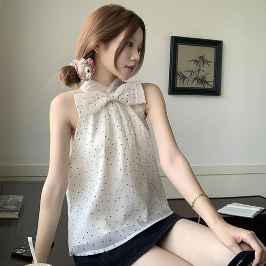西遇波点挂脖衬衫女夏季新款法式蝴蝶结薄款无袖衬衣上衣SS050617 商品图2