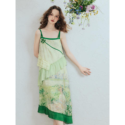 两三事青漪浣纱2025夏季新款复古荷叶边拼接盘扣印花吊带裙连衣裙 商品图2