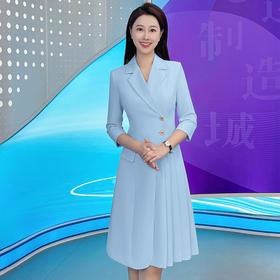 IWY/气质蓝色七分袖西装连衣裙女士播音主持上镜正式场合职业裙Q1174