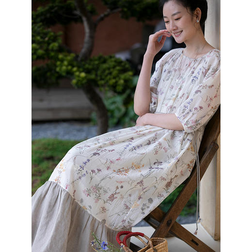 牧衣游原创 丝棉印花连衣裙新品浪漫轻薄设计感拼接气质长裙 颂诗 商品图1