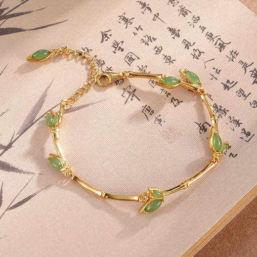 子佩集S925银【竹韵拾光】手链【WSE2312】纯银和田碧玉镀金竹叶2504 商品图8