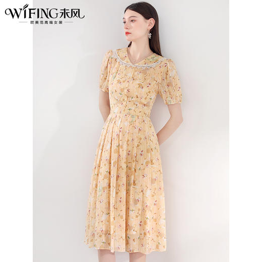未风黄色雪纺碎花连衣裙女夏2025夏季新款气质法式泡泡袖显瘦裙子 商品图3