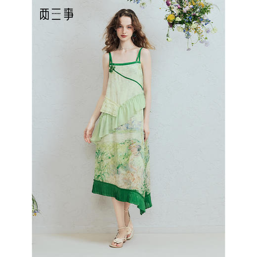 两三事青漪浣纱2025夏季新款复古荷叶边拼接盘扣印花吊带裙连衣裙 商品图0
