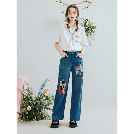 两三事 初梦终章 2025夏季新款复古印花贴布绣直筒牛仔裤女 商品图3