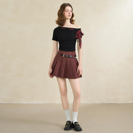 【纯棉】学院风复古红色格纹半身裙女夏季A字百褶裙V0950634 商品图1