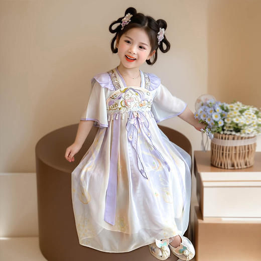 春夏中式国潮风汉服裙 中大童刺绣优雅可爱连衣裙 商品图0
