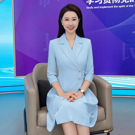 IWY/气质蓝色七分袖西装连衣裙女士播音主持上镜正式场合职业裙Q1174 商品图3