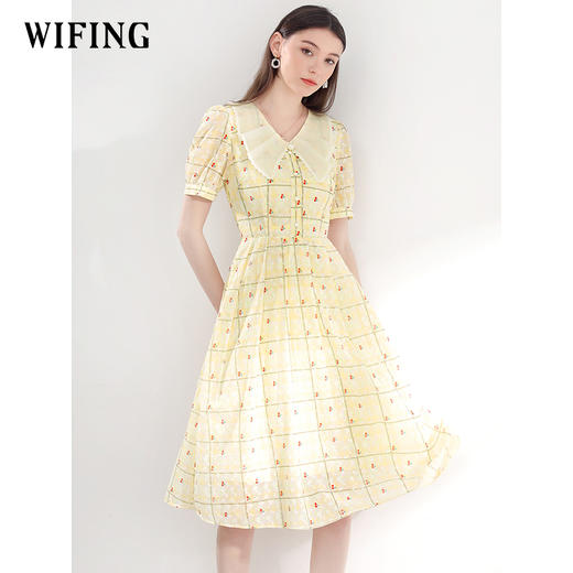 未风黄色格子连衣裙女夏2025夏季新款法式减龄娃娃领收腰显瘦裙子 商品图3