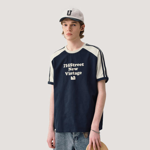 714street文字发泡印花撞色纯棉短袖T恤男夏季新款情侣装半袖体恤 商品图0