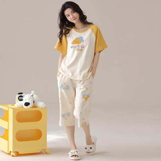 自然醒盛夏家居服100纯棉女士睡衣短袖家居服女春秋款夏天夏款薄款套装QH 商品图4