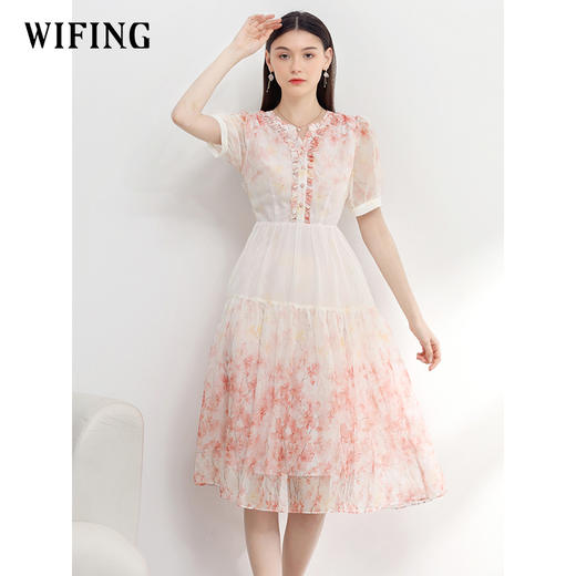 未风红色雪纺碎花连衣裙女夏2025夏季新款气质法式泡泡袖显瘦裙子 商品图2