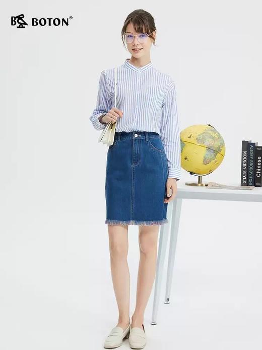 波顿女士春夏季蓝白色宽条纹美式休闲长袖衬衫LS008124 商品图1