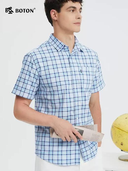 波顿男士春夏季浅蓝色格子美式休闲短袖衬衫MS033224 商品图1