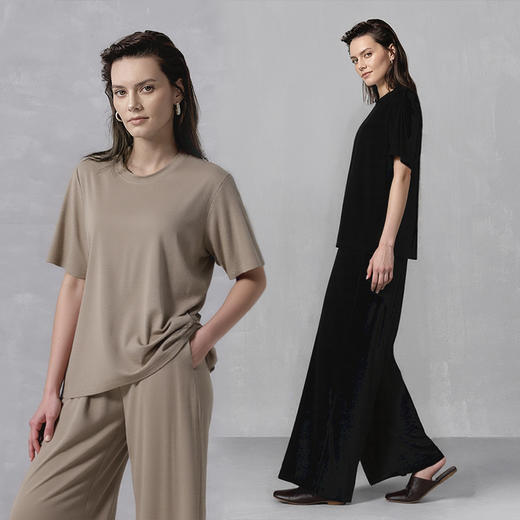 官网998！棉盖丝宽松休闲家居服女 简约圆领睡衣阔腿裤睡衣 轻薄柔软短袖长裤套装 商品图1