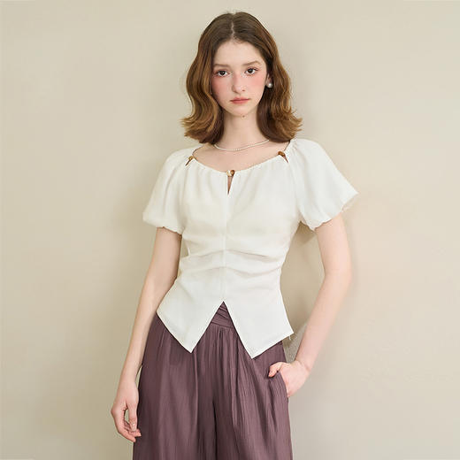 【限时秒杀】法式休闲珠串短袖衬衫女夏季下摆开叉气质显瘦短款上衣V0850569 商品图4