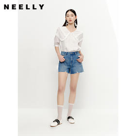 NEELLY纳俪商场同款夏新款高腰牛仔短裤女破洞拉毛设计宽松直筒裤N25054H04665
