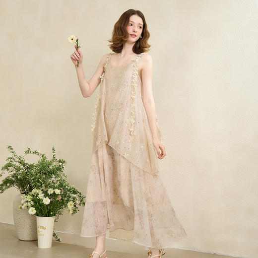 仙女风亮片蝴蝶刺绣晕染双层纱裙女夏季花朵吊带连衣裙V0050780 商品图0