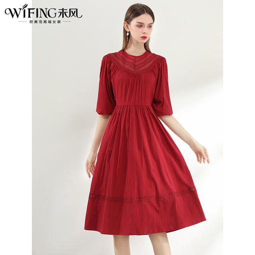 未风红色复古镂空连衣裙女春2025春季新款女装气质泡泡袖高腰裙子 商品图2