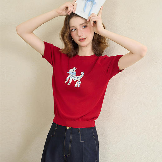 【限时秒杀】甜美可爱小狗图案短款针织衫女夏季简约百搭短袖上衣V0051035 商品图2