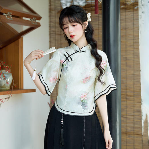 醋酸印花上衣，人棉绣花裙子文艺小清新旗袍套装BS2505 商品图3