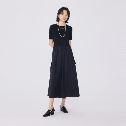 NEELLY纳俪商场同款夏新款黑色显瘦短袖针织拼接连衣裙女收腰长裙N25054Y04598 商品图2