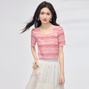 熙世界多巴胺粉色条纹方领T恤女短袖正肩肌理感上衣2025夏日新款 商品缩略图3