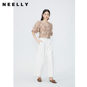 NEELLY纳俪商场同款夏新款泡泡袖V领衬衫女碎花桑蚕丝单排扣上衣N25054B04627