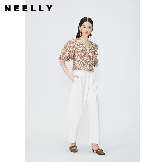NEELLY纳俪商场同款夏新款泡泡袖V领衬衫女碎花桑蚕丝单排扣上衣N25054B04627 商品图0