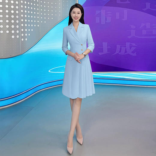 IWY/气质蓝色七分袖西装连衣裙女士播音主持上镜正式场合职业裙Q1174 商品图4