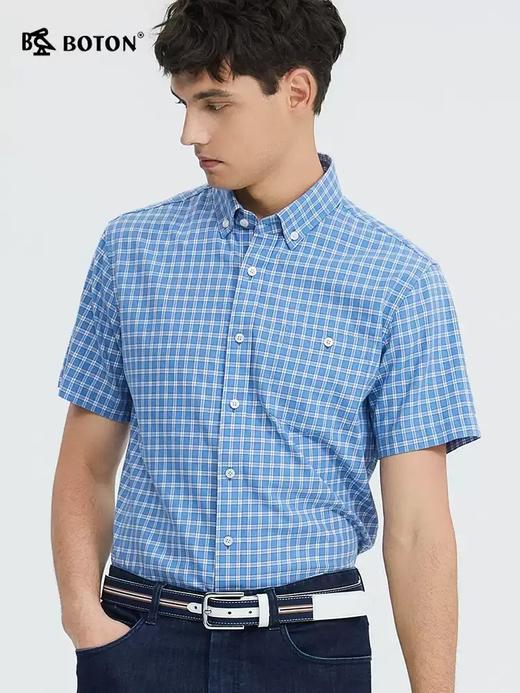 波顿男士春夏季灰蓝色格子美式休闲短袖衬衫MS031224 商品图1