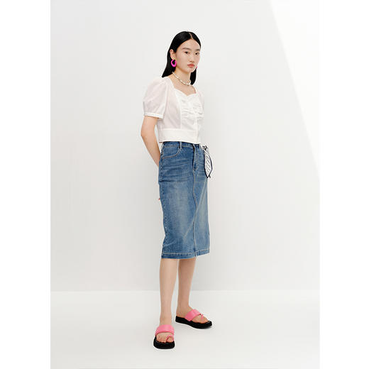 NEELLY纳俪商场同款夏新款时尚牛仔半身裙女简约后开叉直筒包臀裙N25054E04639 商品图3