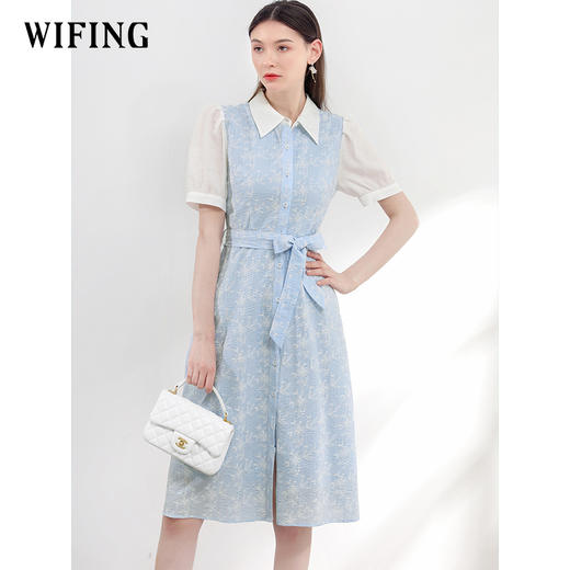 未风蓝色衬衫领连衣裙女夏2025夏季新款气质假两件泡泡袖收腰裙子 商品图3