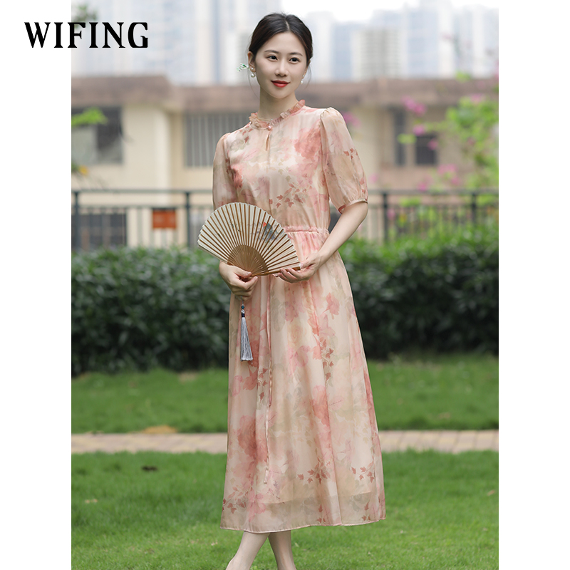 未风雪纺泡泡袖连衣裙女夏2025年夏季新款女装新中式收腰显瘦裙子