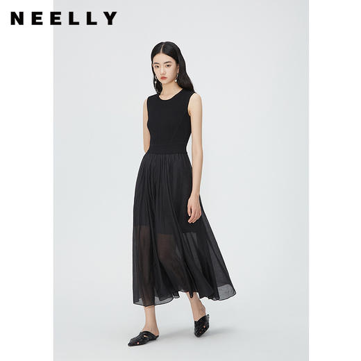 NEELLY纳俪商场同款夏新款圆领无袖连衣裙女修身针织背心拼接长裙N25054Y04616 商品图0