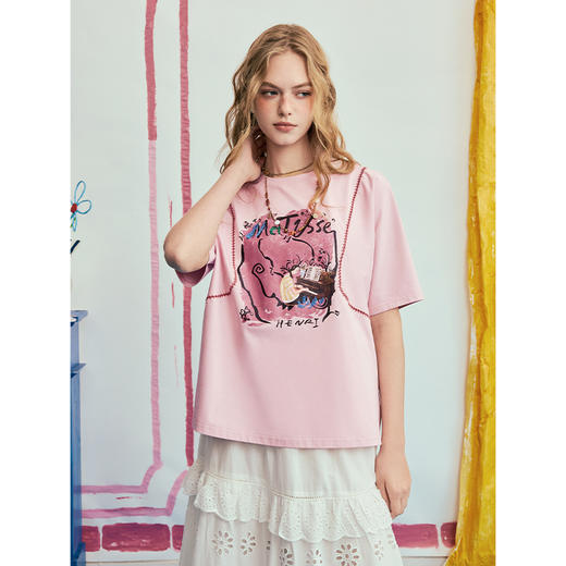 两三事 青春手记 2025夏季新款个性印花织带拼接短袖t恤女宽松 商品图1