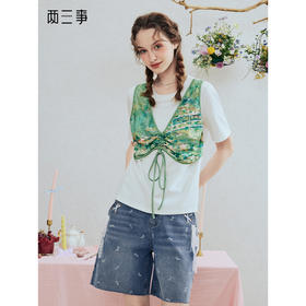 两三事 蝶吻清泉 2025夏季新款时尚珠片绣印花布拼接假两件t恤女