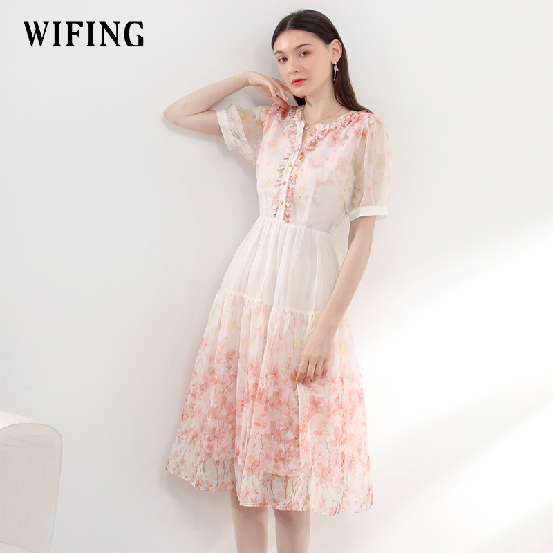 未风红色雪纺碎花连衣裙女夏2025夏季新款气质法式泡泡袖显瘦裙子