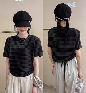 七夕福利-NO退 设计师品牌-55113银丝侧腰抽绳褶皱条纹修身显瘦短袖T恤-喜出